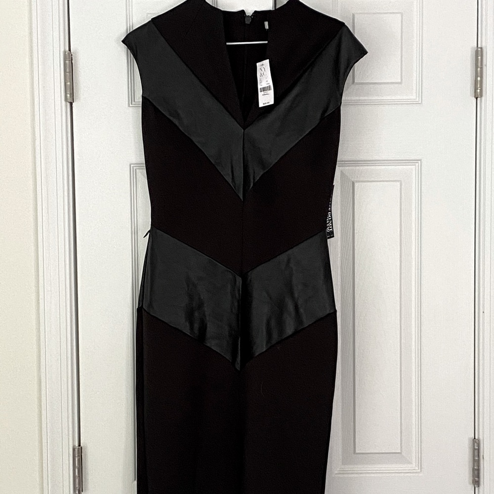 New York & Company black with leather midi dress with capped sleeves